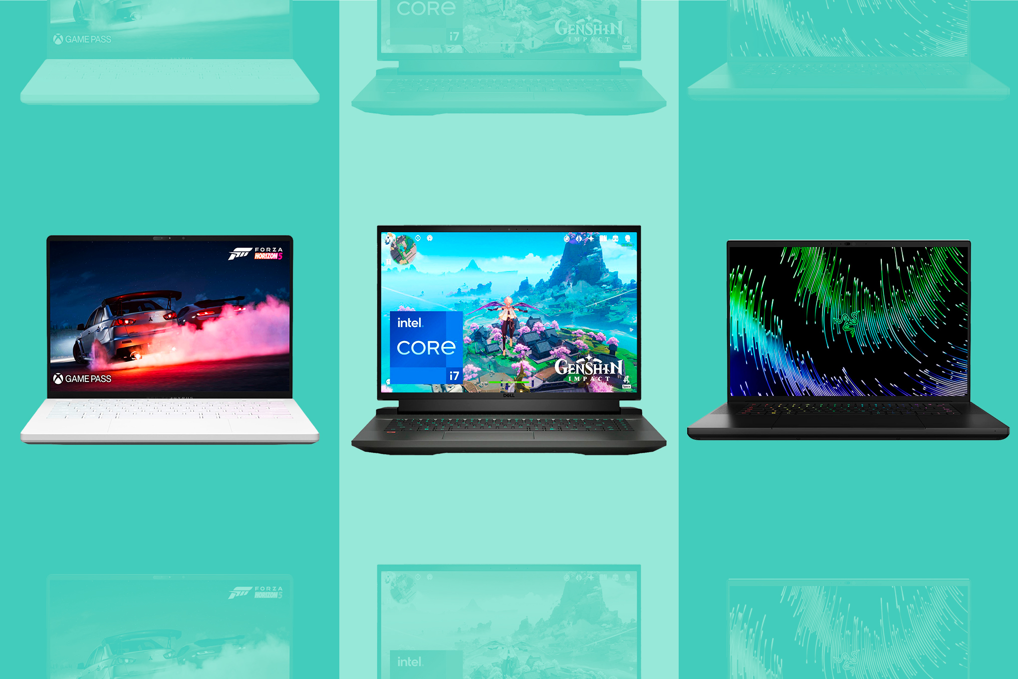 A graphic with three gaming laptops sitting in a row. The leftmost laptop is the 2022 Asus ROG Zephyrus G14. In the middle is the Dell G16, then to the right is the Razer Blade 16.
