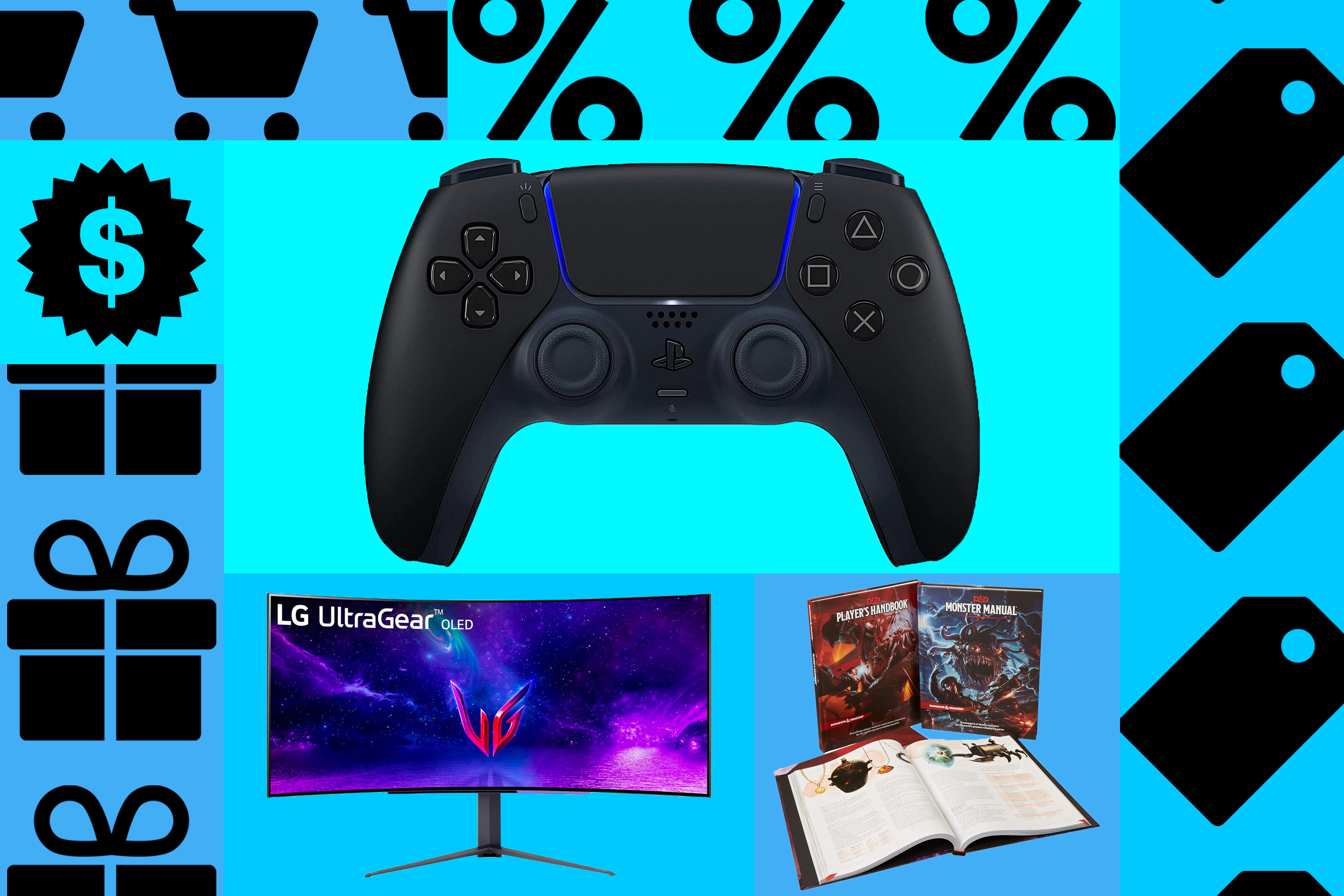 An image composition consisting of a black Sony DualSense controller, a Dungeons &amp; Dragons starter kit, and a 45-inch LG UltraGear curved OLED monitor. All products are surrounded by holiday and sale-related iconography, like a gift box, a gift tag, and a percentage sign.