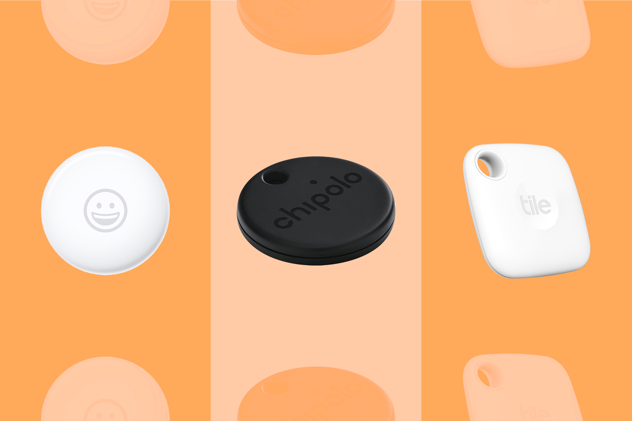 A graphic showing three popular Bluetooth trackers, including the Apple AirTag, the Tile Mate, and the Chipolo One Spot.