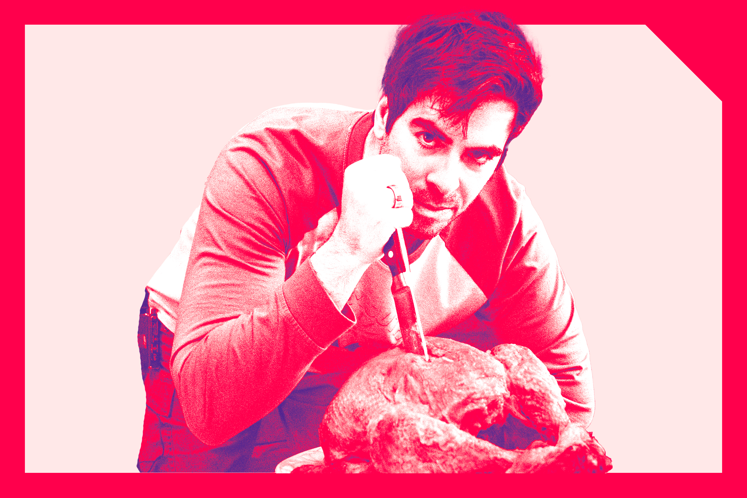 Eli Roth stabbing a roasted turkey shaded with white and red