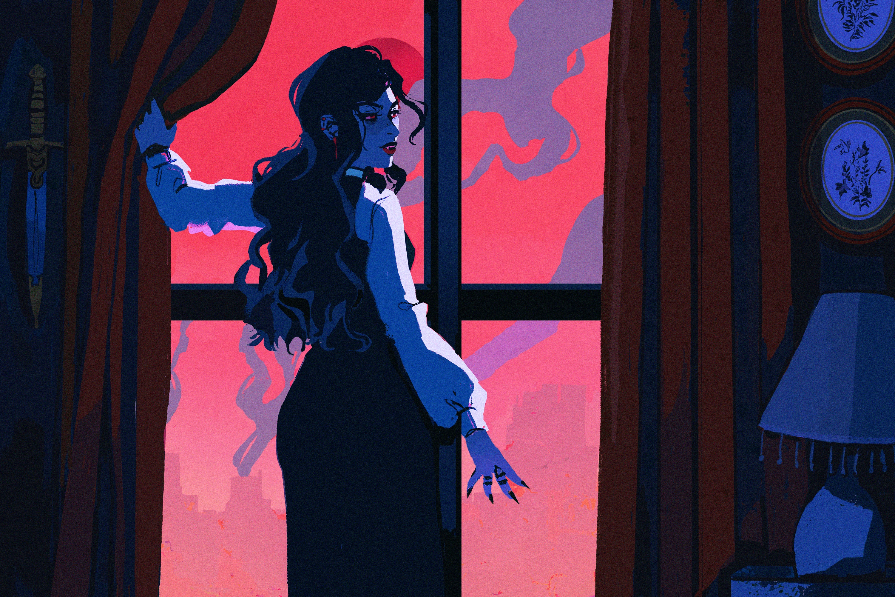 A vampire looks out a window at a red, smoke-filled sky