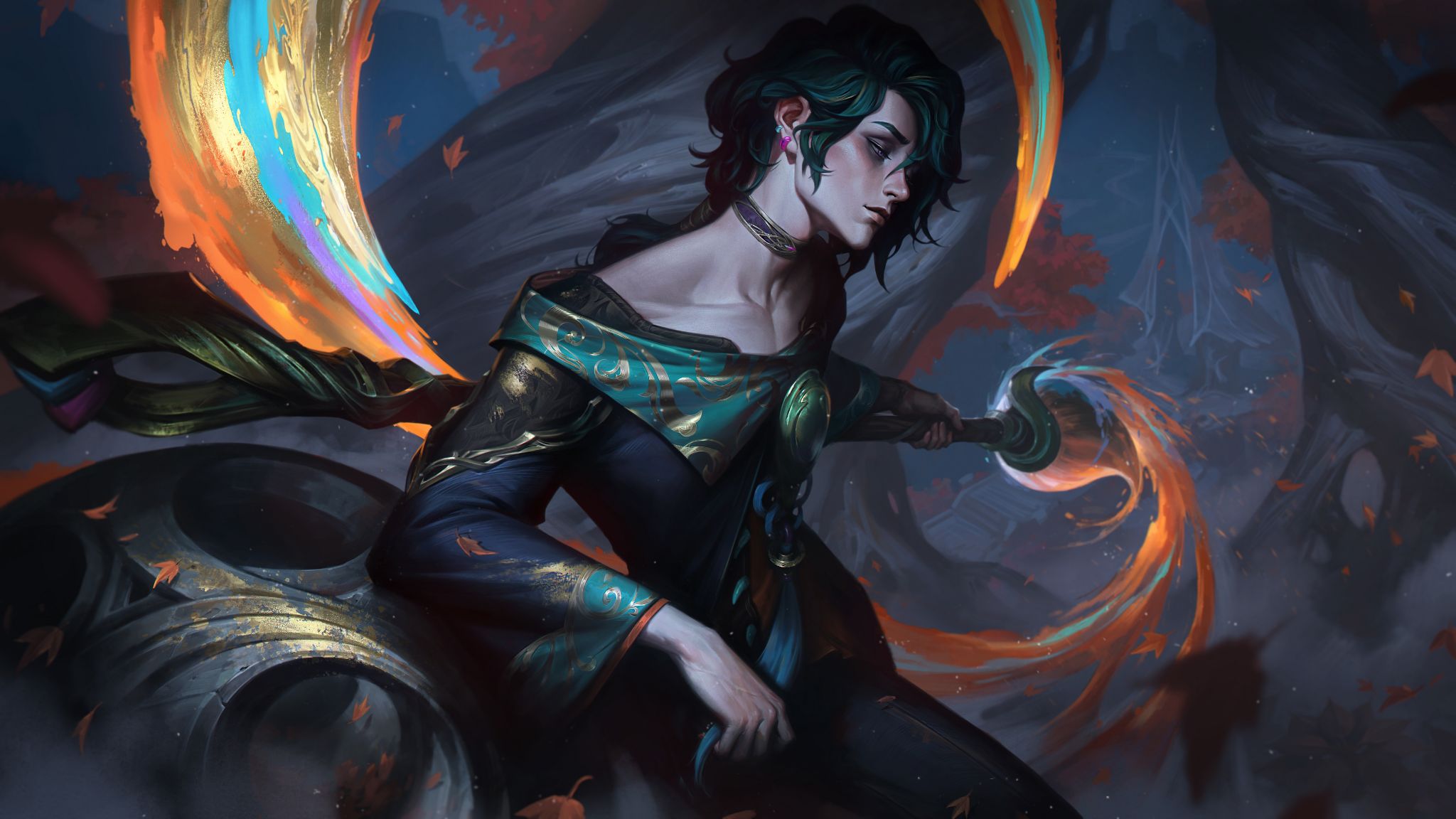 Splash art for Hwei, the Visionary, a young man with a brooding appearance and dark hair. Colorful paint from his magical paintbrush swirls dramatically behind him.