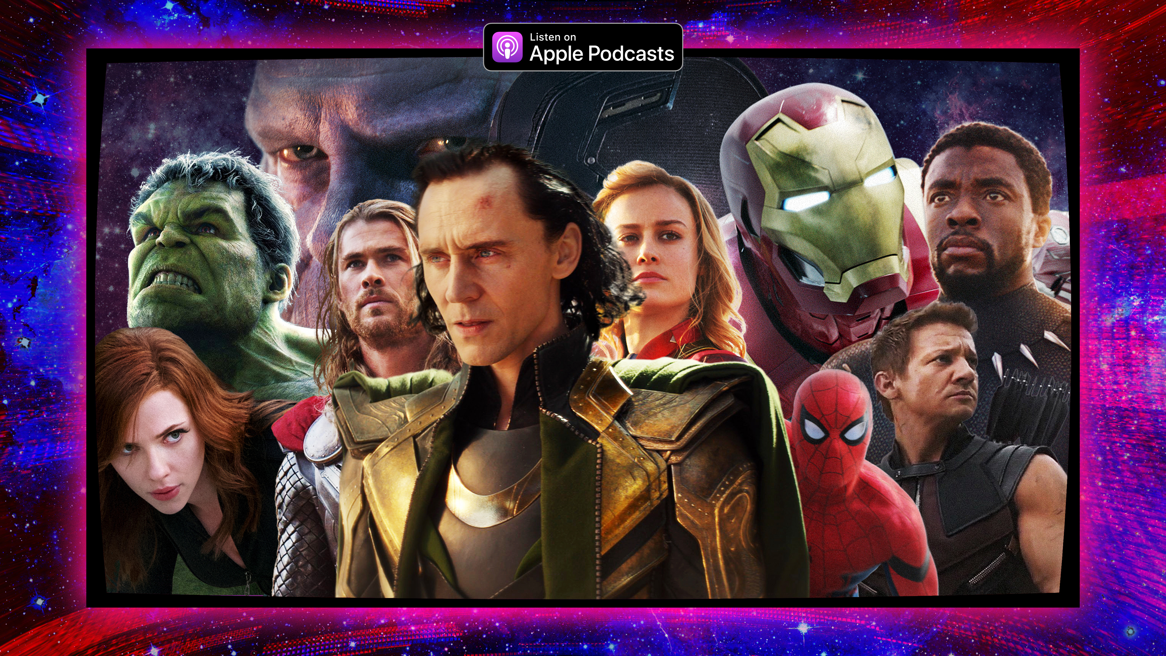 Illustration featuring the Avengers characters with Loki in the center