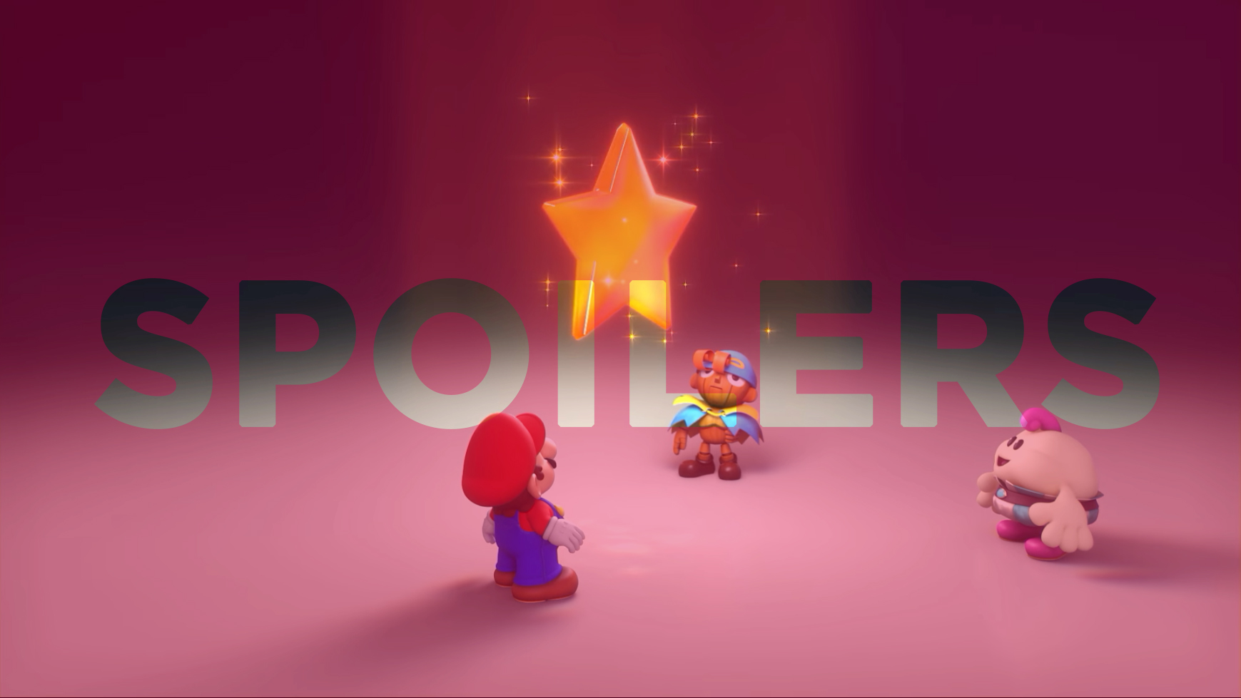 Mario, Geno, and Mallow claim a star in Super Mario RPG with the words “spoilers” on top.