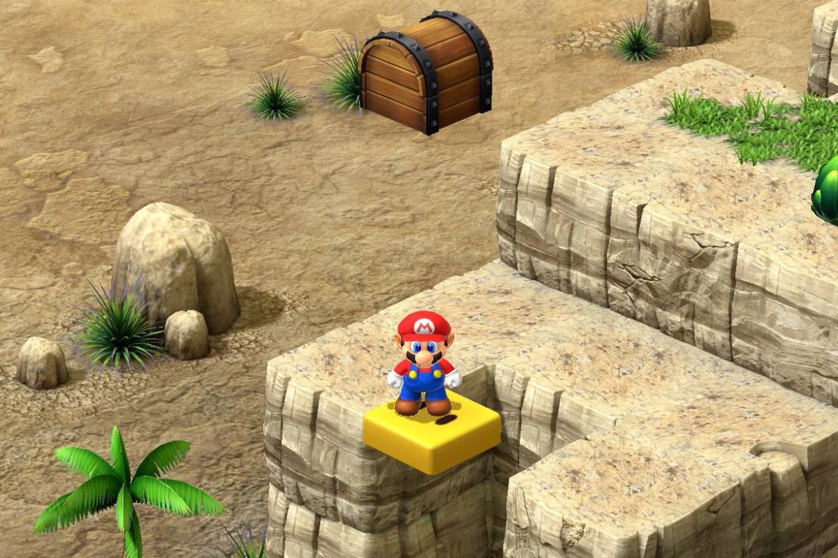 Mario stands on a yellow platform under a used treasure block in Super Mario RPG