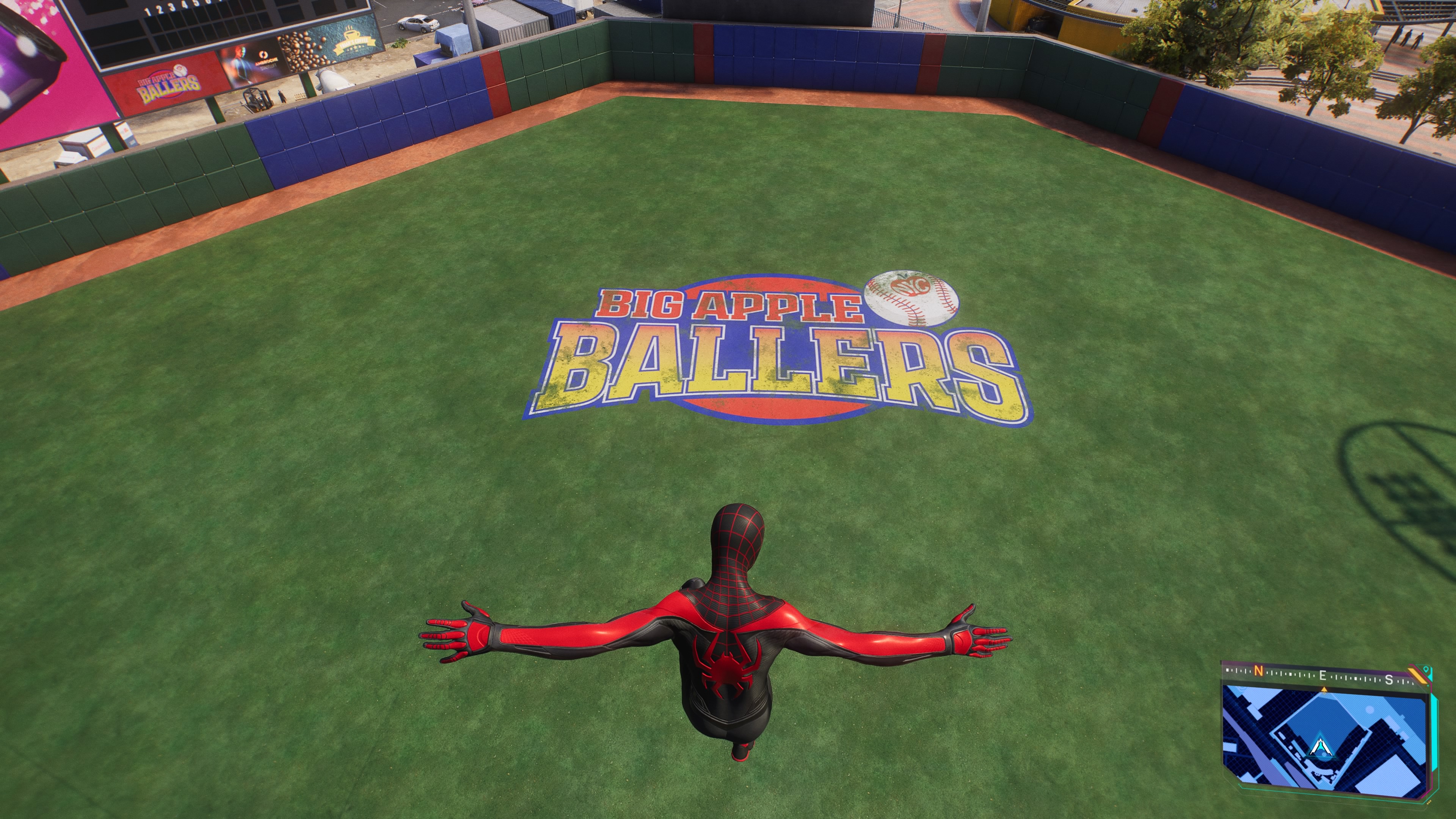 Miles leaps into the Big Apple Ballers baseball stadium in Marvel’s Spider-Man 2