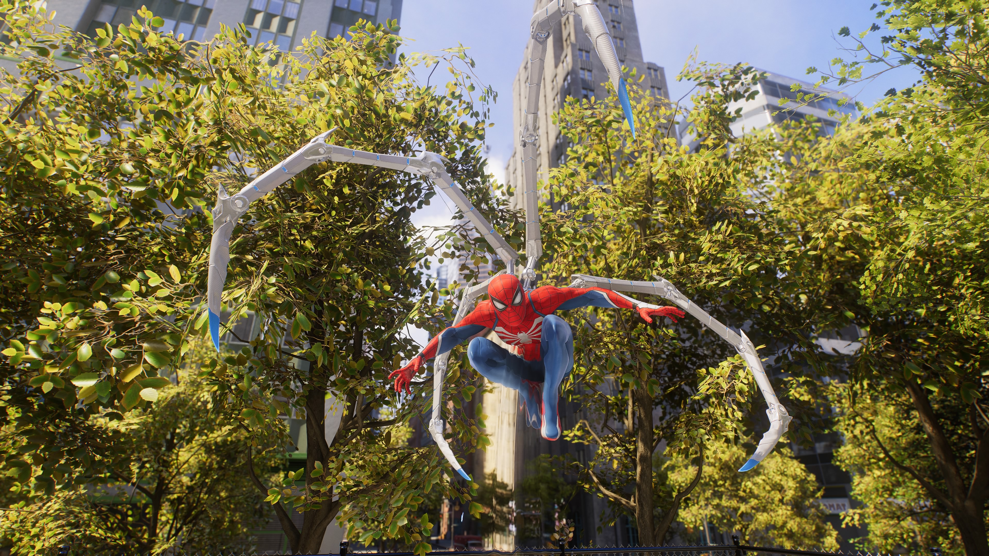 Peter hangs in the air with his mechanical spider arms in Spider-Man 2