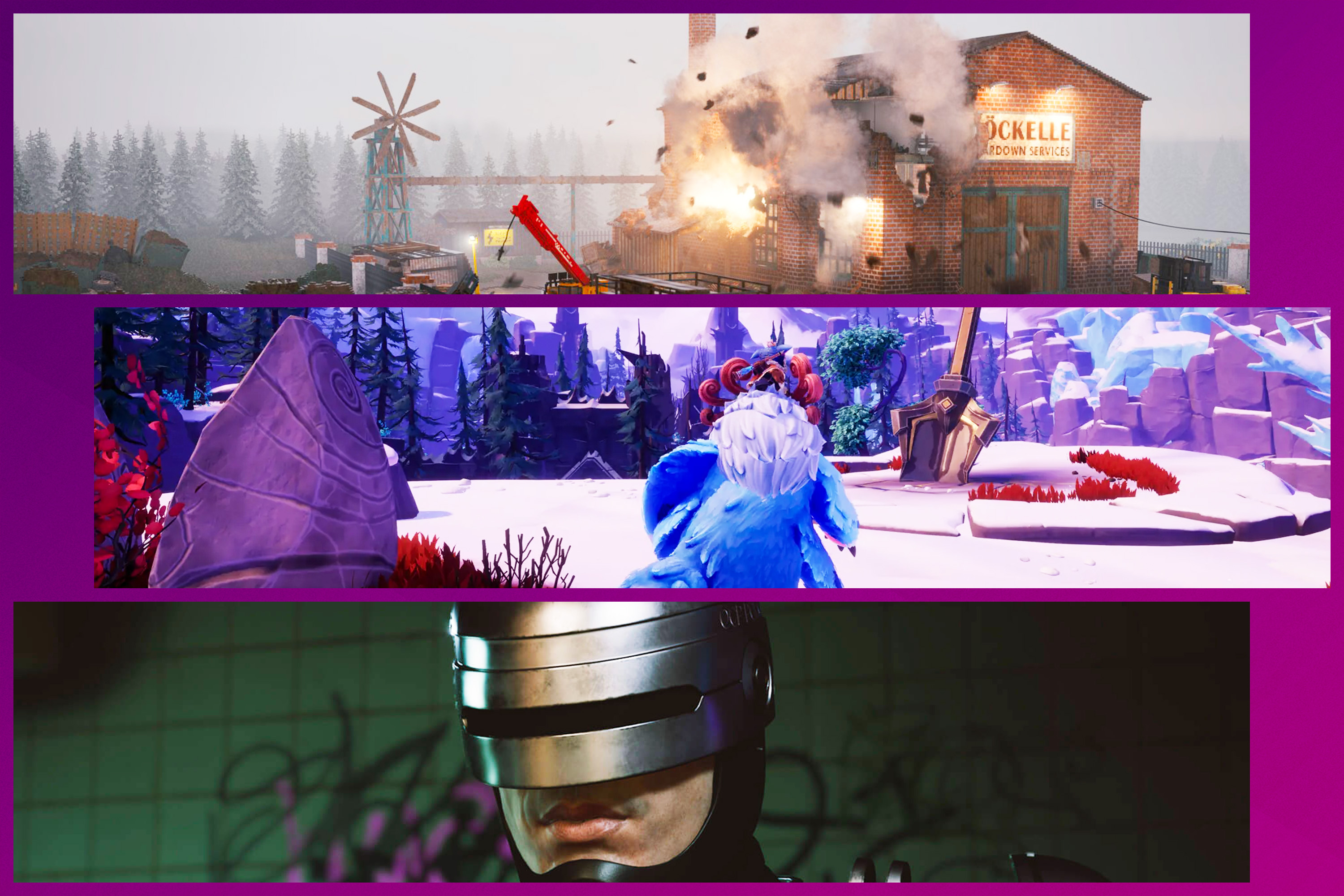 An image composition with screenshots of three games stacked on top of each other, including Teardown, Song of Nunu: A League of Legends Story, and RoboCop: Rogue City.