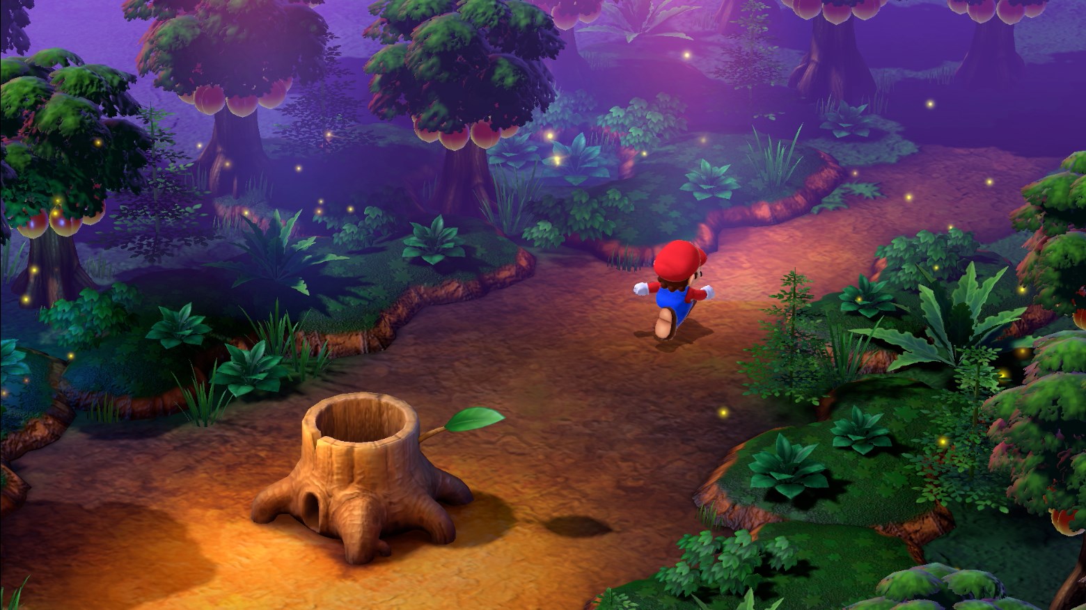 Mario runs forward from a stump into the Forest Maze in Super Mario RPG