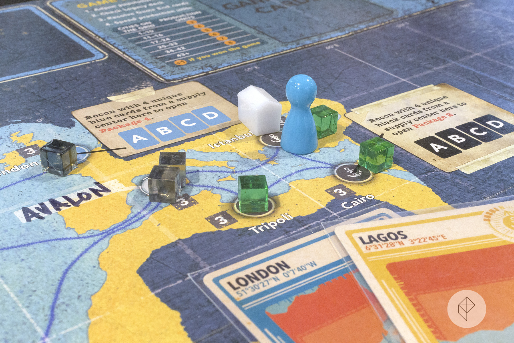 Disease cubes in Tripoli and Cairo while a white pawn looks on.