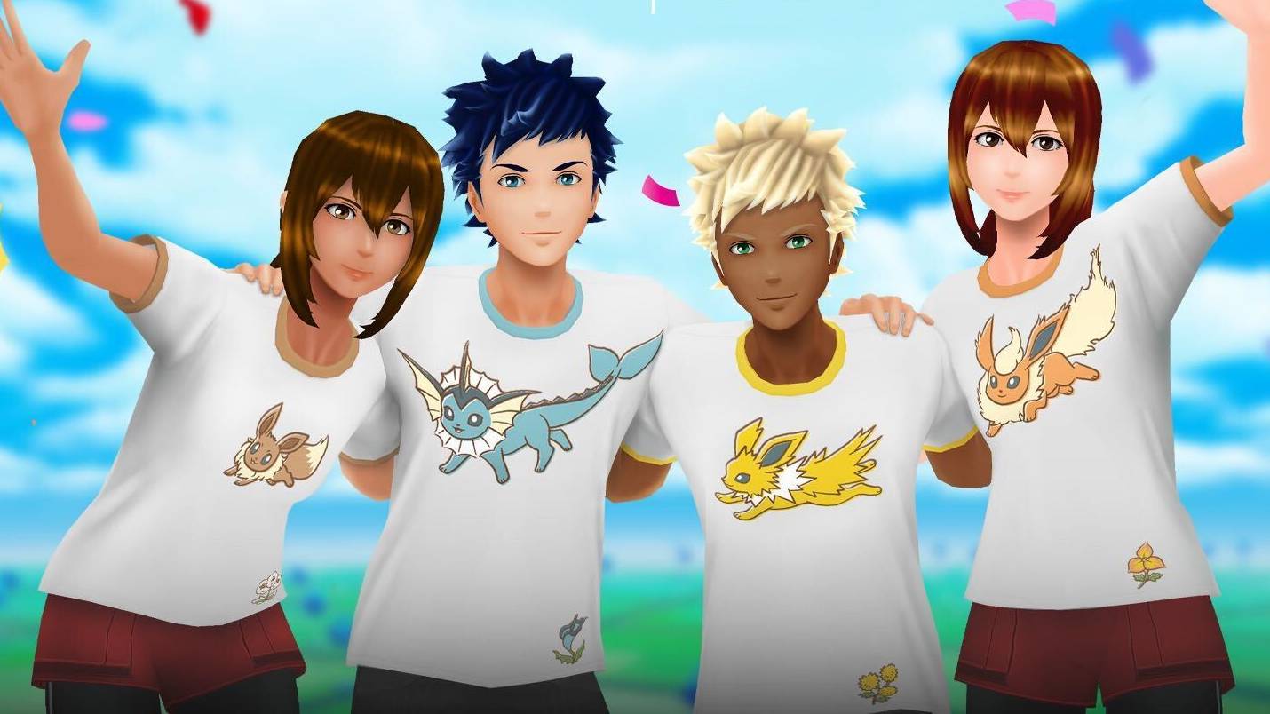 Four players in Eevee avatar shirts in Pokémon Go’s Party Play feature