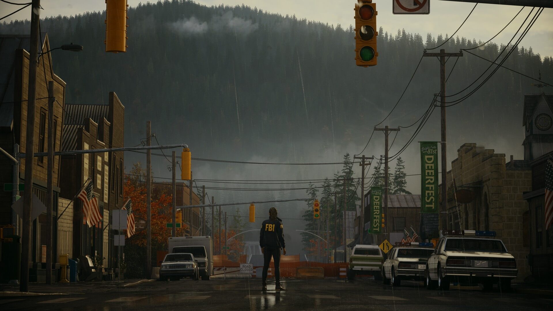 Saga Anderson stands in the middle of Main St. in Bright Falls, Wash. on a particularly foggy day in Alan Wake 2
