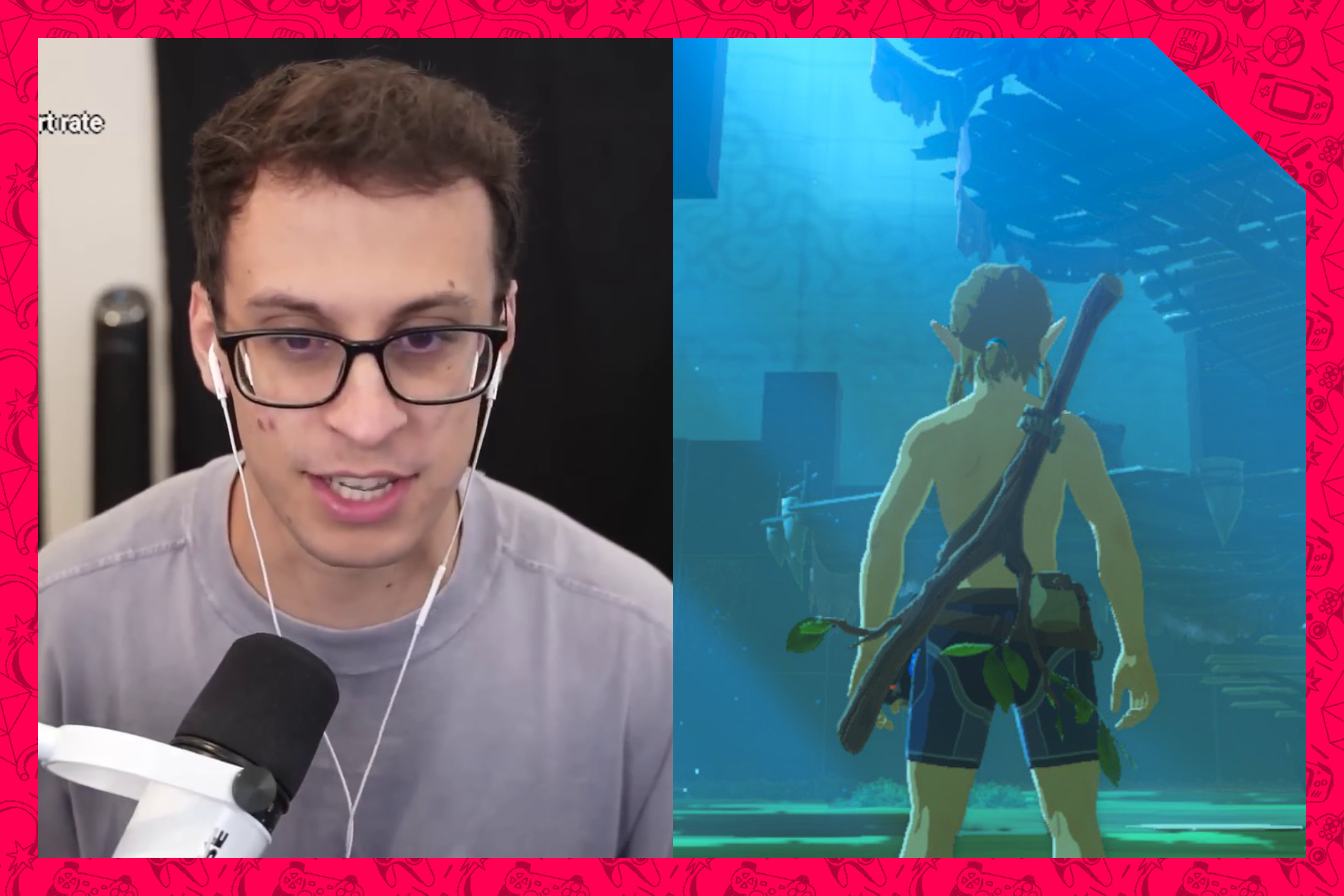 A split image, with Eric “PointCrow” Morino on the left, and a screenshot of Link in The Legend of Zelda: Tears of the Kingdom on the right.