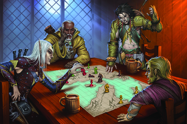 A group of adventurers plays a board game in art for Paizo’s Pathfinder.