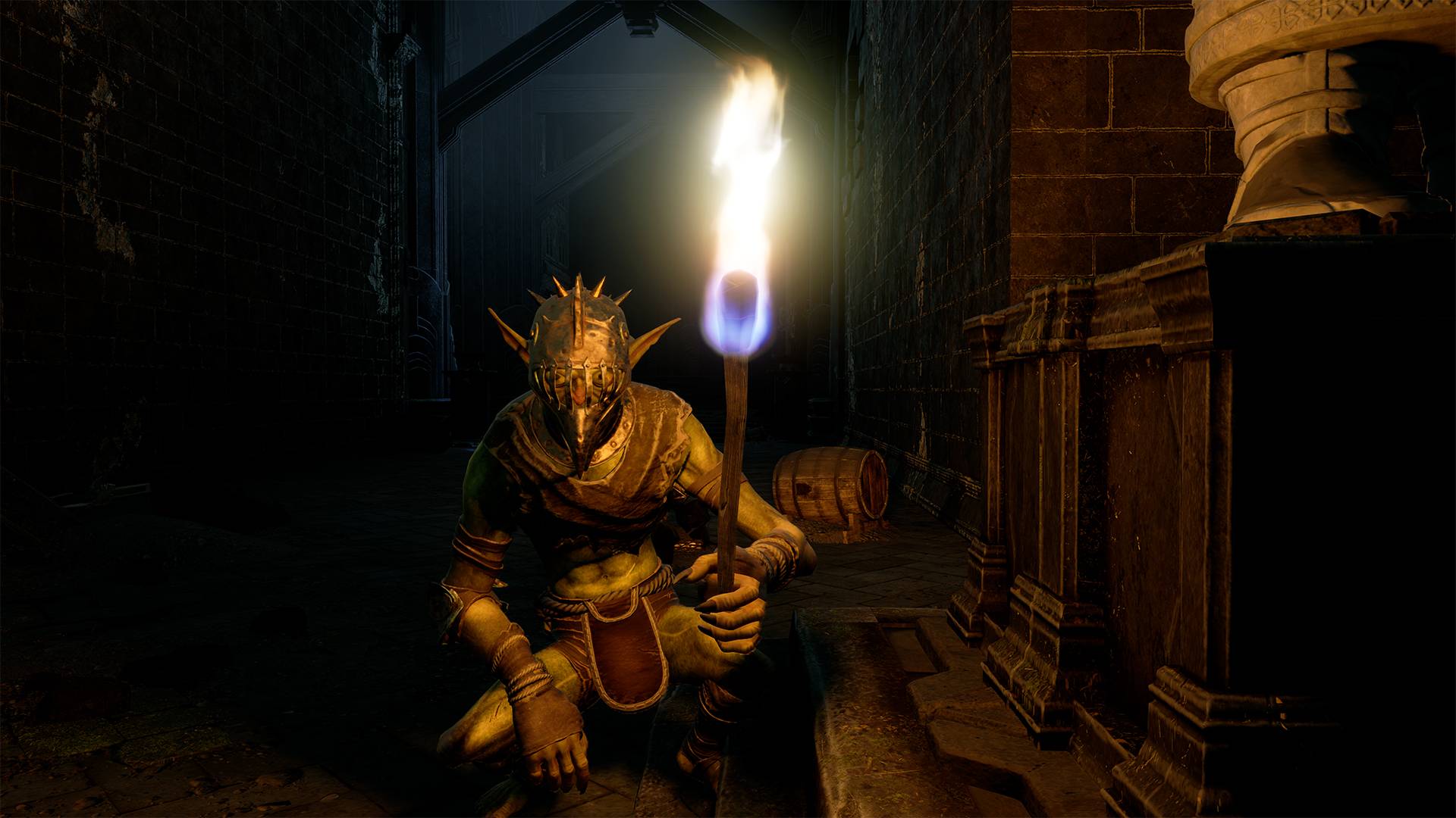 A goblin holds a torch and stares at the camera in The Lord of the Rings: Return to Moria