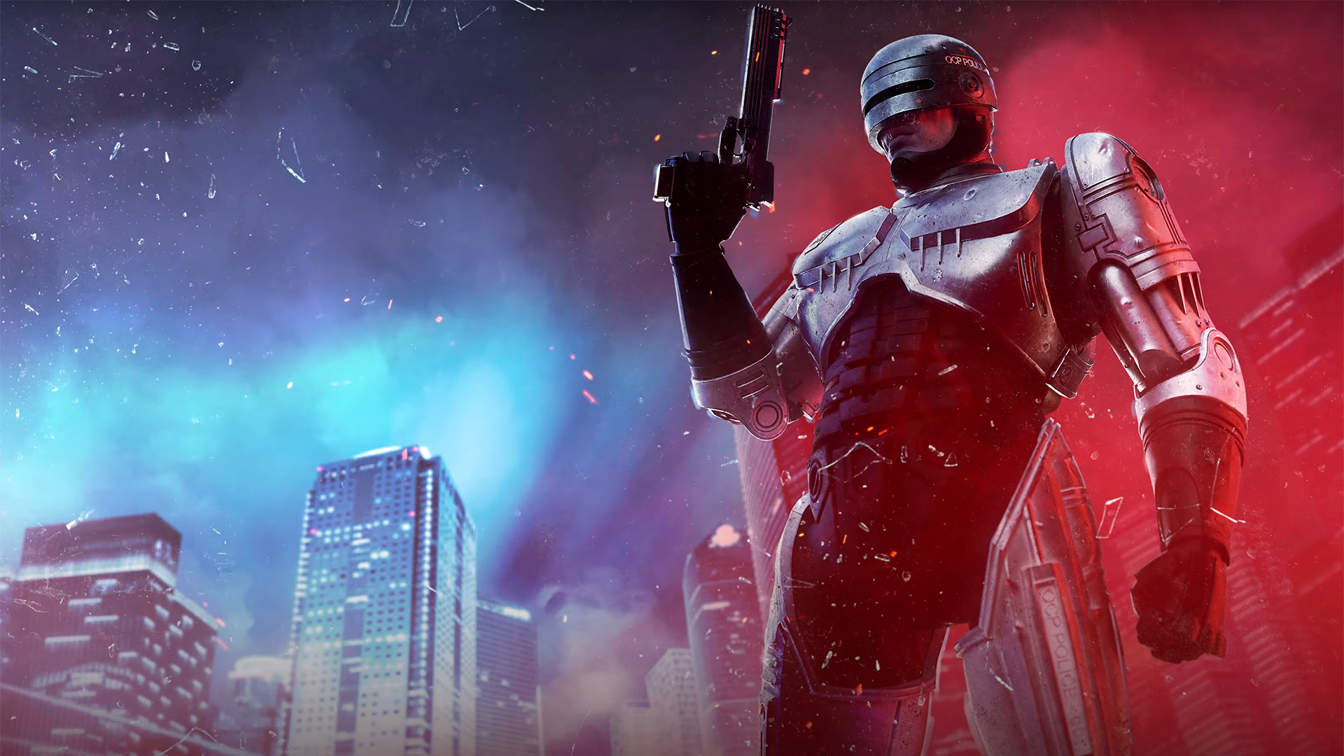 Artwork of RoboCop with Detroit in the background from RoboCop: Rogue City