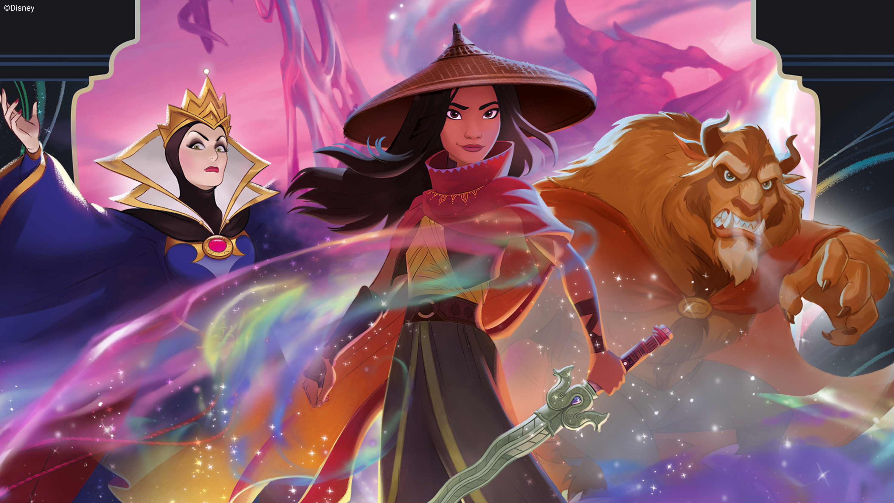 The evil witch, Raya, and Beast in a collage of images from Disney Lorcana: Rise of the Floodborn