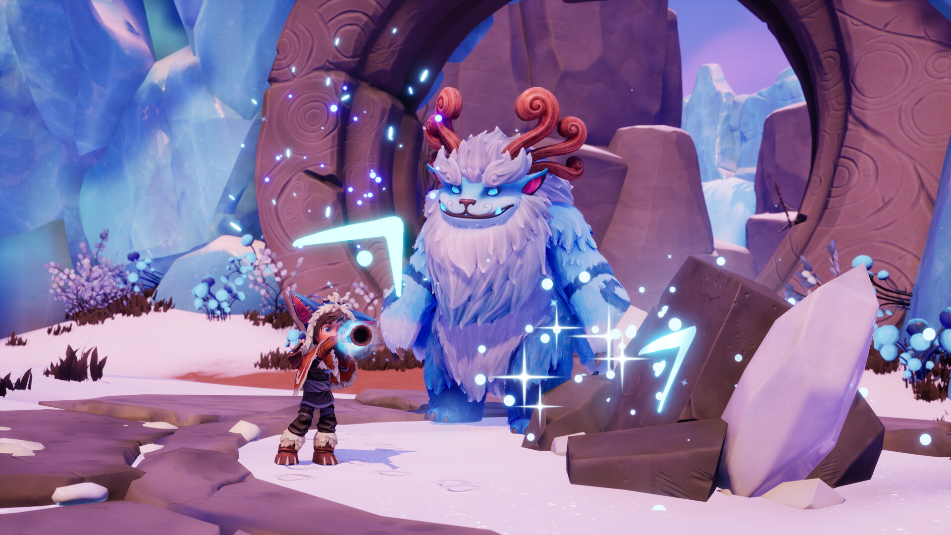 Nunu plays his flute while Willump watches on in a screenshot from Song of Nunu