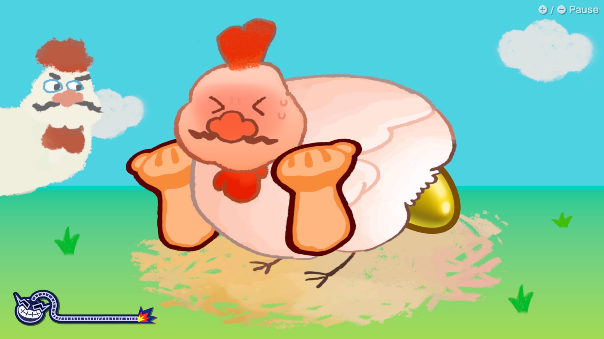 A Wario-faced chicken struggle to lay a golden egg in a screenshot from a WarioWare: Move It! microgame.