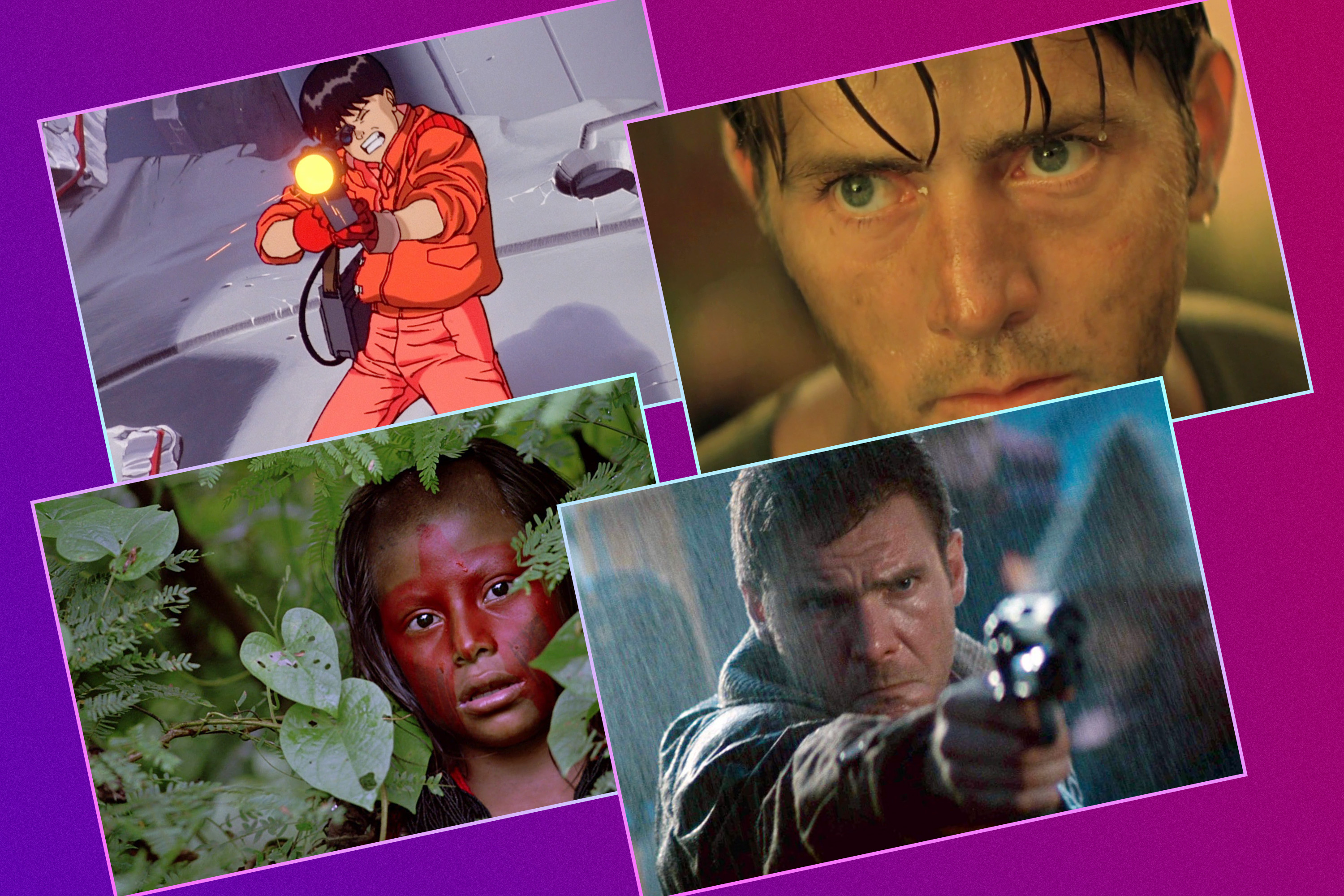 A four-panel image featuring screenshots from films including Akira, Apocalypse Now, Baraka, and Blade Runner.