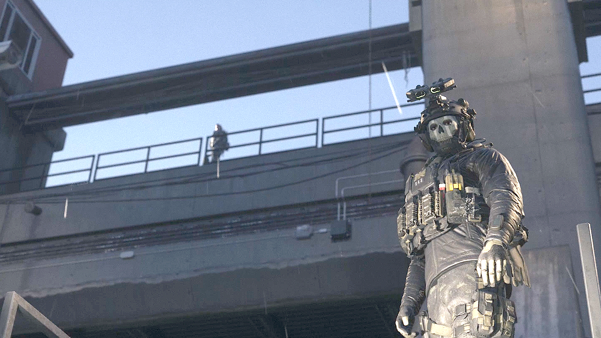 Call of Duty: Modern Warfare 3 operator Ghost standing at the top of Gora Dam.